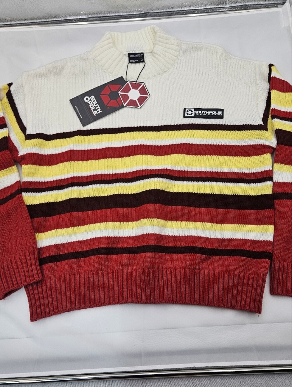 South Pole Red White Yellow Striped Men’s Sweater